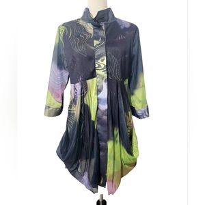 Lindi Art to Wear Top Tunic Hidden Button Peplum Pleated Roll Tab Sleeve Black M